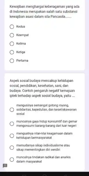 Kewajiban menghargai keberagaman yang ada di Indonesia merupakan salah satu substansi kewajiban asasi dalam sila Pancasila...... Kedua Keempat Kelima Ketiga Pertama Aspek sosial budaya