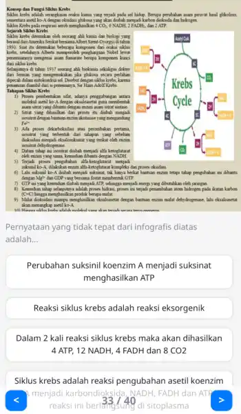 Konsep dan Fungsi Siklus Krebs Siklus krebs adalah serangkaian reaksi kimia yang terjadi pada sel hidup. Berupa perubahan asam piruvat hasil glikolisis, sementara asetil