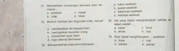 Memberikan sumbangan bencana alam ter- a. rukun sedekah masuk .... b. syarat sedekah a. sedekah c. waqaf c. ketentuan sedekah b. infak d. hibah