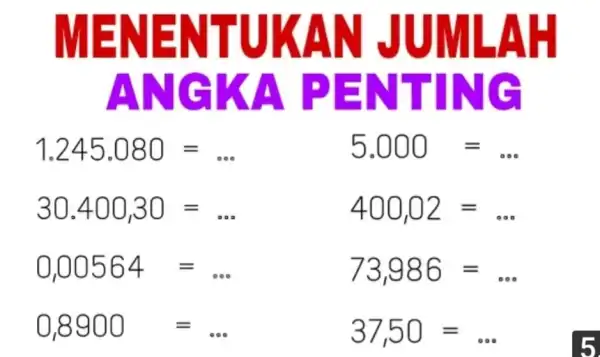 MENENTUKAN JUMLAH ANGKA PENTING 1.245.080=dots,5.000=dots 30.400","30=dots,400","02=dots 0","00564=dots,73","986=dots 0","8900,=dots,37","50=dots