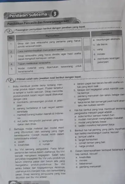 Penflafan Subtema 3 Pendidikan Pancasila dan Kewarganegaraen A. Pasangkan pernyataan berikut dengan jawaban yang tepat. No 1 2. 3. 4. 5. Sikap dan jwa