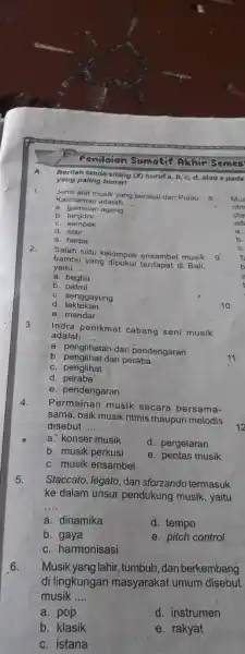 Penilaian Sumatif Akhir Semes A. Berilah tanda silang (X) huruf a, b, c, d, atau e pada yang paling benart Jenis alat musik yang