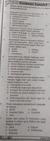 Penilaian Sumatif A. Berilah tanda silang (x) huruf a,b,c,d , atau e yang paling benarl Degradasi sumber daya kehutanan disebabkan oleh umat manusia, yaitu