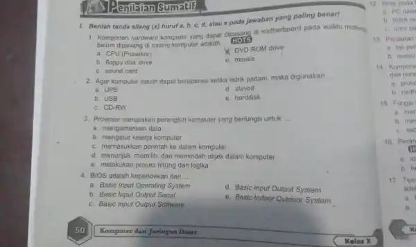 Penilatan Sumatif Berilah tanda silang (x) huruf a,b,c,d , atau e pada jawaban yang paling benarl Komponen hardware komputer yang dapat dipasang di motherboard