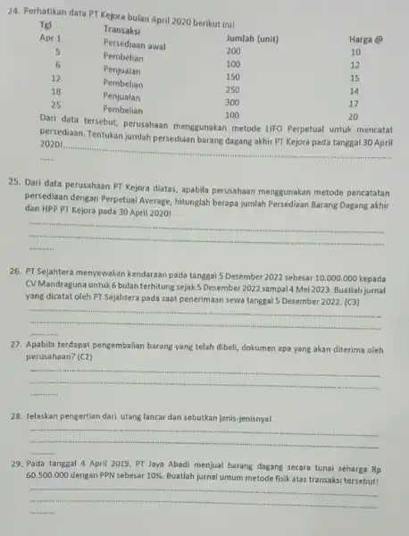 Perhatikan data PT Kejora bulan April 2020 berikut ini! Tgl Transaksi Jumlah (unit) Apr 1 Persediaan awal 200 Harga @ 5 Pembelian 100 10