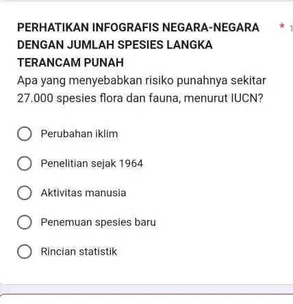 PERHATIKAN INFOGRAFIS NEGARA-NEGARA DENGAN JUMLAH SPESIES LANGKA TERANCAM PUNAH Apa yang menyebabkan risiko punahnya sekitar 27.000 spesies flora dan fauna, menurut IUCN? Perubahan iklim