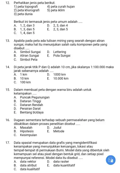 Perhatikan jenis peta berikut. peta topografi peta curah hujan peta khorografi peta iklim peta dunia Berikut ini termasuk jenis peta umum adalah A. 1,