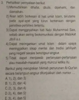 Perhatikan pernyalaan berikut. Memudahkan dihalai, ditulis, dipahami, dan diamalkan. Akan lebih berkesan di hati umat Islam, terutama pada ayat-ayat yang turun berkenaan dengan peristiwa-peristiwa