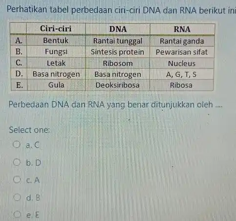 Perhatikan tabel perbedaan ciri-ciri DNA dan RNA berikut in Ciri-ciri DNA RNA A. Bentuk Rantaitunggal Rantai ganda B. Fungsi Sintesis protein Pewarisan sifat C.