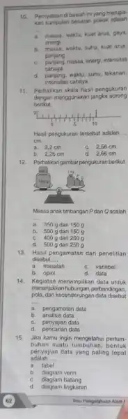 Pernyataan di bawah ini yang merupakan kumpulan besaran pokok adalah masoa, waktu, kuat arus, gaya. energ b. massa, waktu, suhu, huat arus. panjang o.