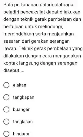 Pola pertahanan dalam olahraga beladiri pencaksilat dapat dilakukan dengan teknik gerak pembelaan dan bertujuan untuk melindungi, memindahkan serta menjauhkan sasaran dari gerakan serangan lawan.