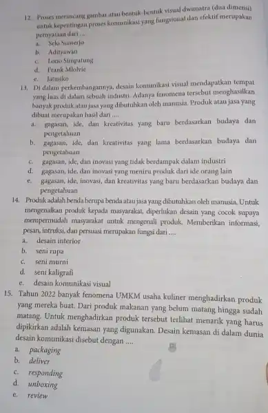 Proses merancang gambar atau bentuk-bentuk visual dwimatra (dua dimensi) untuk kepentingan proses komunikasi yang fungsional dan efektif merupakan pernyataan dari .... a. Selo Sumerjo