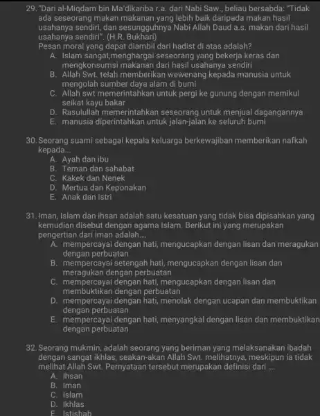 "Dari al-Miqdam bin Ma'dikariba r.a. dari Nabi Saw., beliau bersabda: "Tidak ada seseorang makan makanan yang lebih baik daripada makan hasil usahanya sendiri, dan