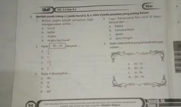 SBdP KD, 3.2 dan 4.2 Nilai: Berilah tanda sillang (x) pada huruf a,b,c , atau d pada jawaban yang paling benar! Notasi angka adalah