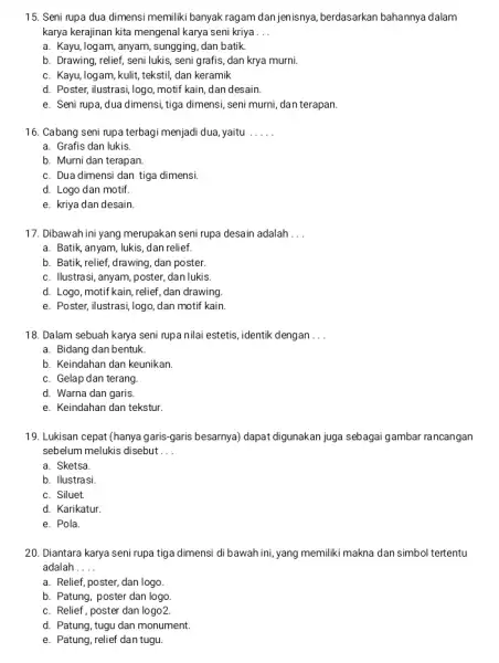 Seni rupa dua dimensi memiliki banyak ragam dan jenisnya, berdasarkan bahannya dalam karya kerajinan kita mengenal karya seni kriya a. Kayu, logam, anyam, sungging,