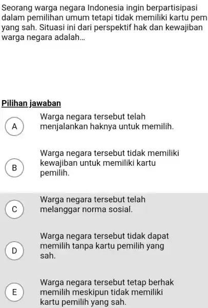 Seorang warga negara Indonesia ingin berpartisipasi dalam pemilihan umum tetapi tidak memiliki kartu pem yang sah. Situasi ini dari perspektif hak dan kewajiban warga