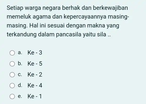 Setiap warga negara berhak dan berkewajiban memeluk agama dan kepercayaannya masingmasing. Hal ini sesuai dengan makna yang terkandung dalam pancasila yaitu sila .. a.