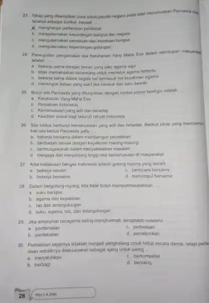 Sikap yang ditampilkan para tokoh pendin negara pada saat merumuskan Pancasila dian taranya sebagai berikut, kecuali P: menghargai perbedaan pendapat b. mengutamakan kepentingan bangsa