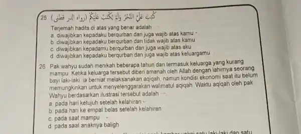 Terjemah hadits di atas yang benar adalah a. diwajibkan kepadaku berqurban dan juga wajib atas kamu . b. diwajibkan kepadaku berqurban dan tidak wajib