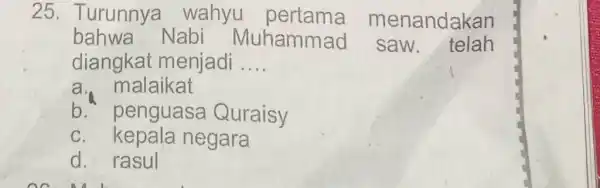 Turunnya wahyu pertama menandakan bahwa Nabi Muhammad saw. telah diangkat menjadi .... a. malaikat b. penguasa Quraisy c. kepala negara d. rasul