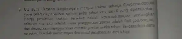 UD Bumi Persada Banjarnegara menjual traktor seharga Rp15.000.000,00 yang telah dioperasikan sampai akhir tahun ke-4 dari 6 yang diperkirakan. Harga perolehan traktor tersebut adalah