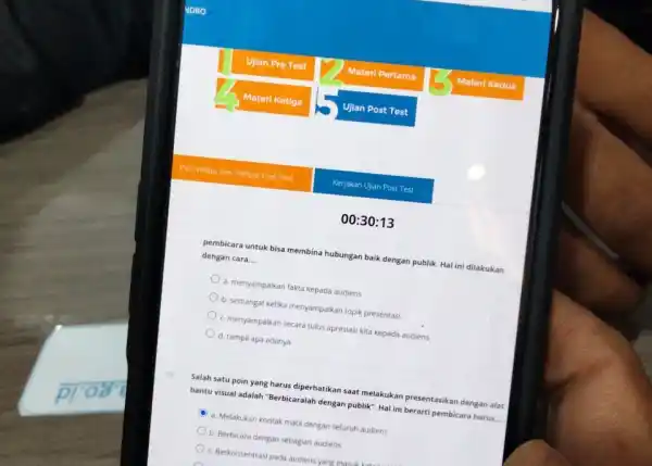 VDRO. Ujlan Pre Test Materi Pertama Materi Kedua Materi Ketiga Ujlan Post Test Pris Waktu dan Tempat Pout Test Kerjakan Ujian Post Test 00:30:13