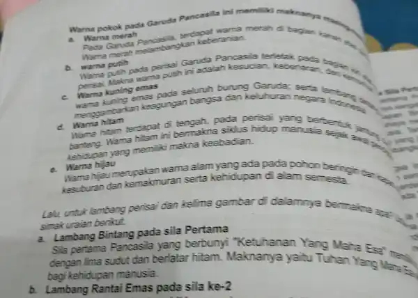 Wama pokok pada Garuda Pancasila ini memiliki maknamya mathy, a. Warna merah Pada Garuda Pancasila, terdapat wama merah di begian kebrantan. Wama merah melambangkan