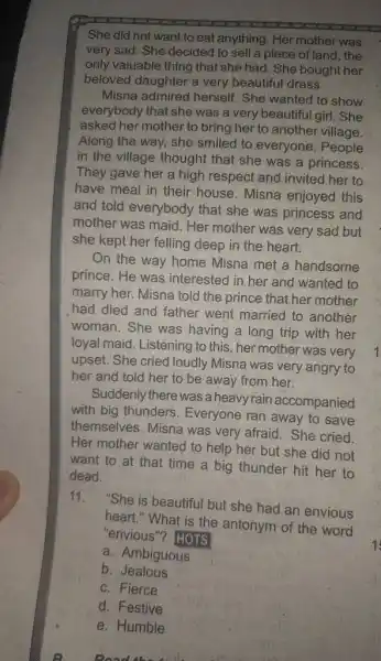 She did not want to eat anything. Her mother was very sad. She decided to sell a piece of land, the only valuable thing