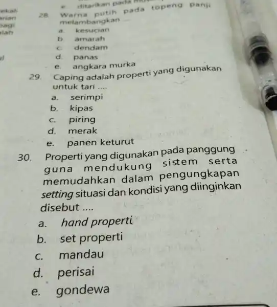 Warna putih pada topeng panji melambangkan .... a. kesucian b. amarah c. dendam d. panas e. angkara murka Caping adalah properti yang digunakan untuk