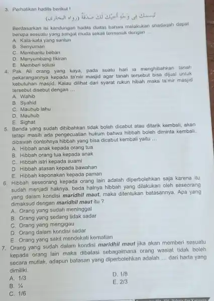 Perhatikan hadits berikut! Berdasarkan isi kandungan hadits diatas bahwa melakukan shadaqah dapat berupa sesuatu yang sangat muda sekali termasuk dengan ... A. Kata-kata yang