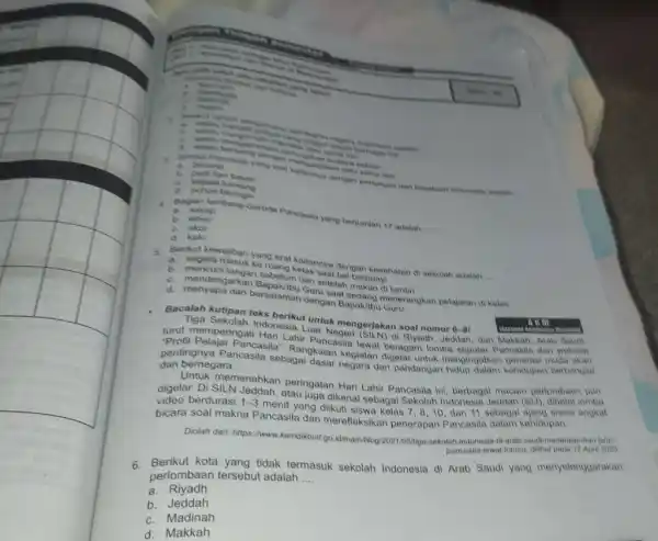 __ __ 1. Bagian lambang Garuda Pancasila yang benumiah 17 adalah __ b a. sayap d. kaki 5. Berikut kewajiban yang ang kalitannya dengan