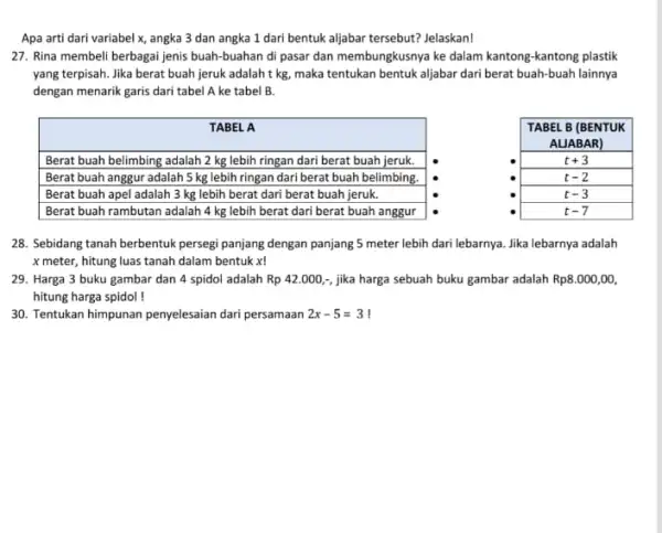 Apa arti dari variabel x, angka 3 dan angka 1 dari bentuk aljabar tersebut? Jelaskan! 27. Rina membeli berbagai jenis buah-buahan di pasar dan