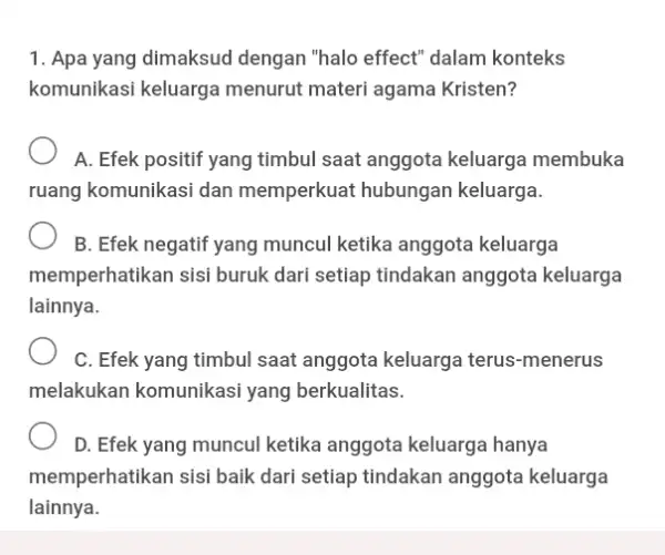 Apa yang dimaksud dengan "halo effect" dalam konteks komunikasi keluarga menurut materi agama Kristen? A. Efek positif yang timbul saat anggota keluarga membuka ruang