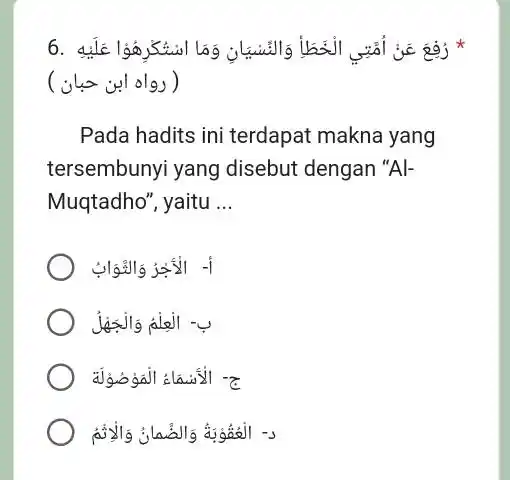 ( رواه ابن حبان ) Pada hadits ini terdapat makna yang tersembunyi yang disebut dengan "AlMuqtadho", yaitu ...