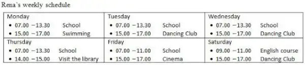 Rena's weekly schedule }(l) Monday - 07.00-13.30 - 15.00-17.00 & School Swimming & Tuesday - 07.00-13.30 - 15.00-17.00 & School Dancing Club & Wednesday