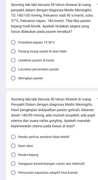 Seorang laki-laki berusia 55 tahun dirawat di ruang penyakit dalam dengan diagnosa Medis Meningitis TD 140/100mmHg , frekuensi nadi 90x/menit , suhu 37^circ C