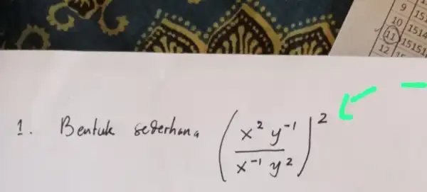 1. Bentuk segerhana ((x^2 y^-1)/(x^-1) y^(2))^2