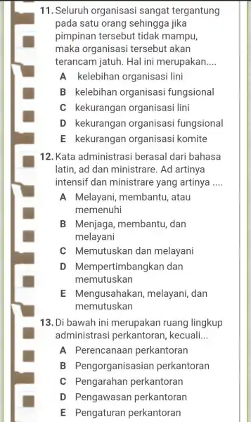 11. Seluruh organisasi sangat tergantung pada satu orang sehingga jika pimpinan tersebut tidak mampu, maka organisasi tersebut akan terancam jatuh . Hal ini merupakan