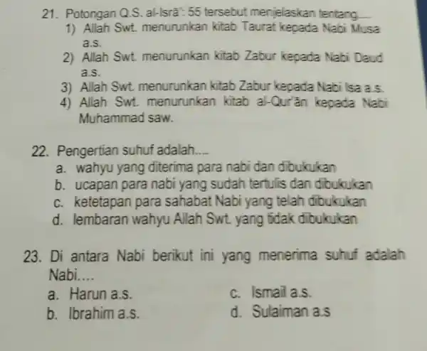 21. Potongan Q.S al-Isrâ: 55 tersebut menjelaskan tentang __ 1) Allah Swt.menurunkan kitab Taurat kepada Nabi Musa as 2) Allah Swt.menurunkan kitab Zabur kepada