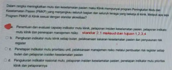 Dalam rangka meningkatkan mutu dan keselamatan pasin maka Kinik mempunyai program Peningkatan Muhu dan Keselamatan Pasien (PMKP)yang menjangkau seluruh bagian dan seluruh tenaga yang