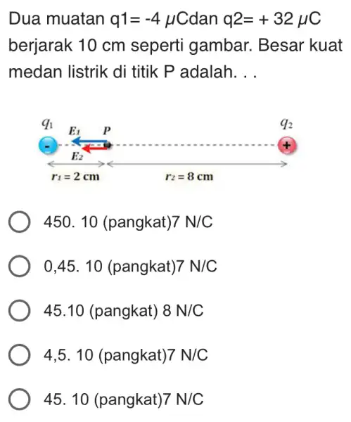 Dua muatan q1=-4mu C dan q2=+32mu C berjarak 10 cm seperti gambar . Besar kuat medan listrik di titik P adalah __ 450. 10