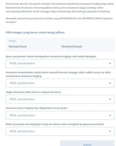 Pemerintah daerah A bergerak sinergis menuntaskan pemberian imunisasi lengkap bagi balita. Kementerian Kesehatan menyampaikan bahwa peran imunisasi sangat penting untuk merangsang kekebalan tubuh sehingga