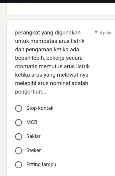 perangkat yang digunakan untuk membatas arus listrik dan pengaman ketika ada beban lebih , bekerja secara otomatis memutus arus listrik ketika arus yang melewatinya