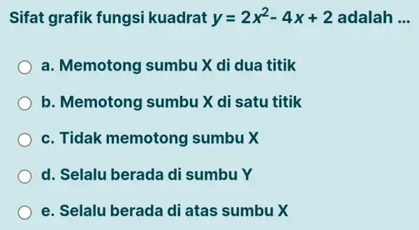 Sifat grafik fungsi kuadrat y=2x^2-4x+2 adalah __ a. Memotong sumbu X di dua titik b. Memotong sumbu X di satu titik c. Tidak memotong