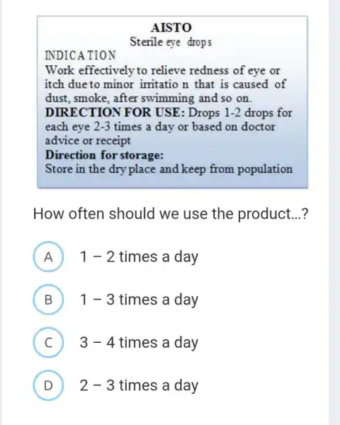 Sterile eye drops INDICATION of eye or itch due to minor irritatio n that is caused of dust, smoke, after swimming and so on