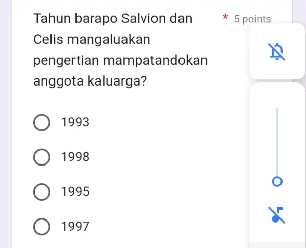 Tahun barapo Salvion dan Celis mangaluakan pengertian mampatandokan anggota kaluarga? 1993 1998 1995 1997 5 points