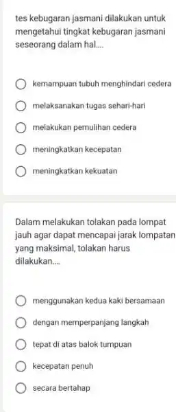 tes kebugaran jasmani dilakukan untuk mengetahui tingkat kebugaran jasmani seseorang dalam hal __ kemampuan tubuh menghindari cedera melaksanakan tugas sehari-hari melakukan pemulihan cedera meningkatkan