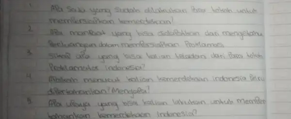 1. APa Saja yang sudah dilakukan Para tokoh untuk mempersiapkan kemerdekoan? 2. APa manfaat yang bisa didalatkan dari mengetahui Perluangan dalam mempersiapkan Proklamasi 3.