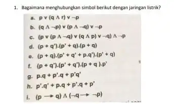 1. Bagaimana menghubungkan simbol berikut dengan jaringan listrik? a. pvee (qwedge r)vee neg p b. (qwedge neg p)vee (pwedge neg q)vee neg p c.