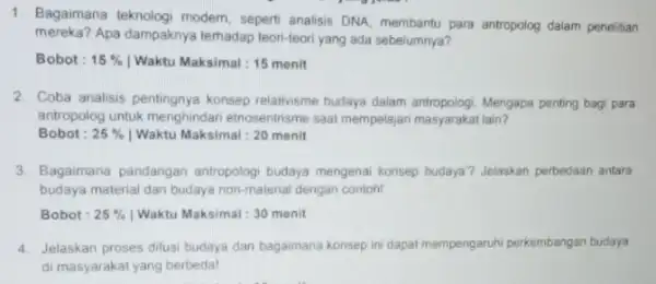 1. Bagaimana teknologi modem seperti analisis DNA, membantu para antropolog dalam penelitian mereka? Apa dampaknya terhadap teori-teori yang ada sebelumnya? Bobot: 15% Waktu Maksimal: